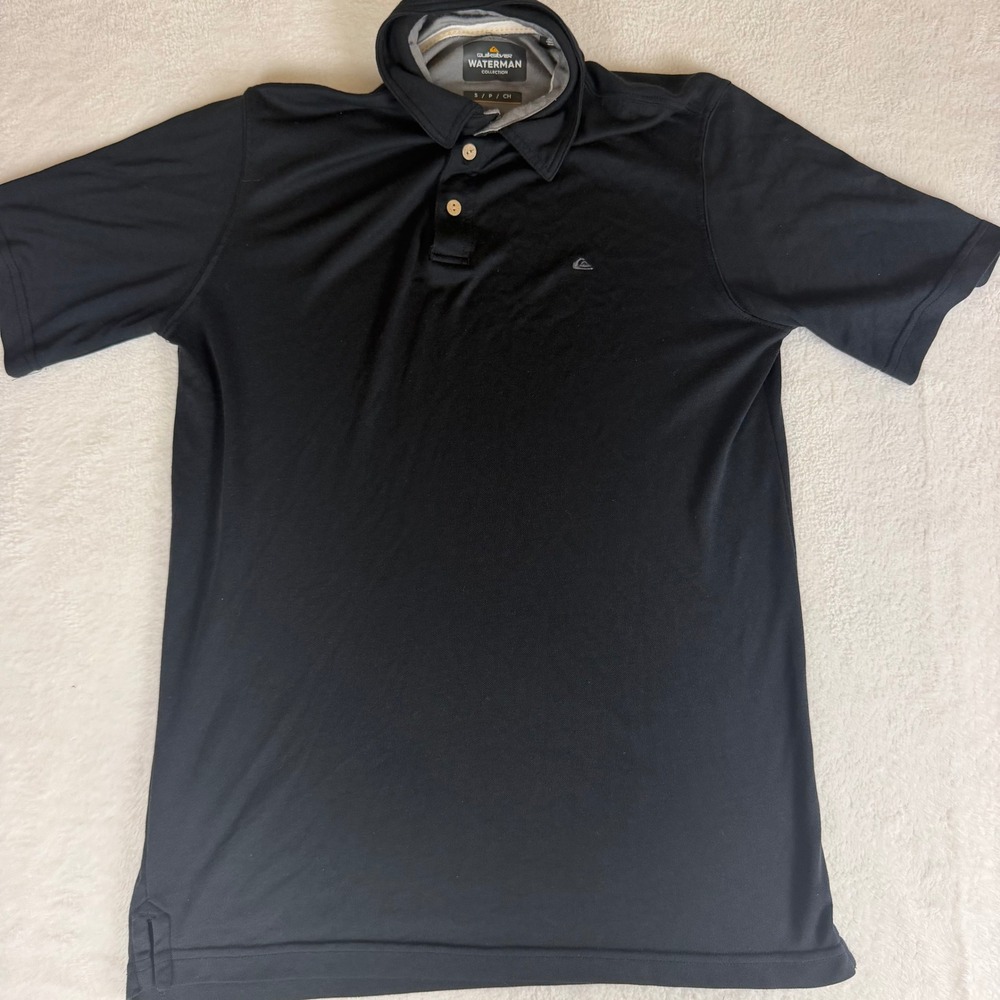 Quiksilver Waterman Collection Mens Small Black Short Sleeve Polo Shirt Logo